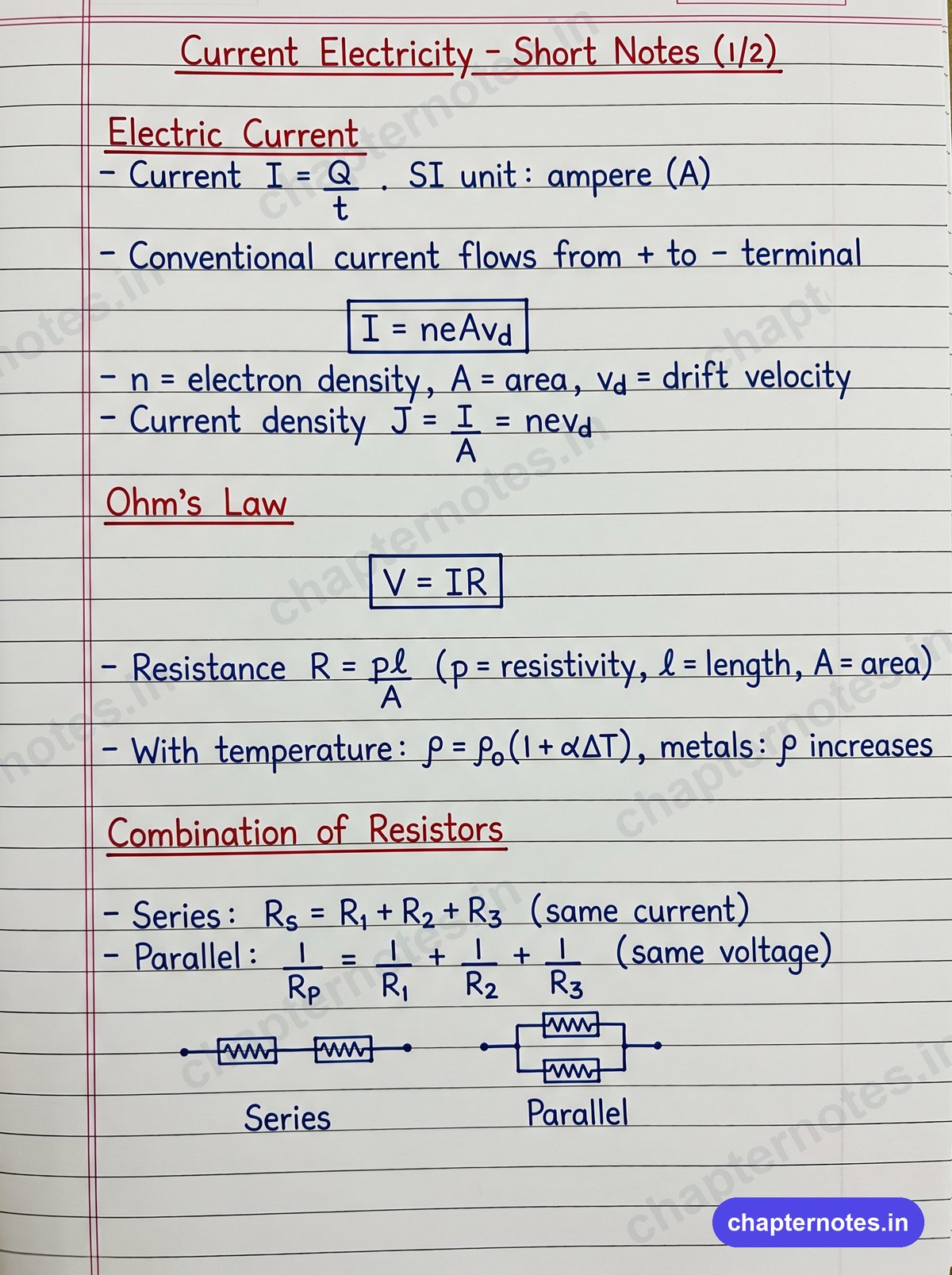 Current Electricity Class 12 handwritten short notes page 1 with formulas for electric current, drift velocity, Ohm's law and combination of resistors