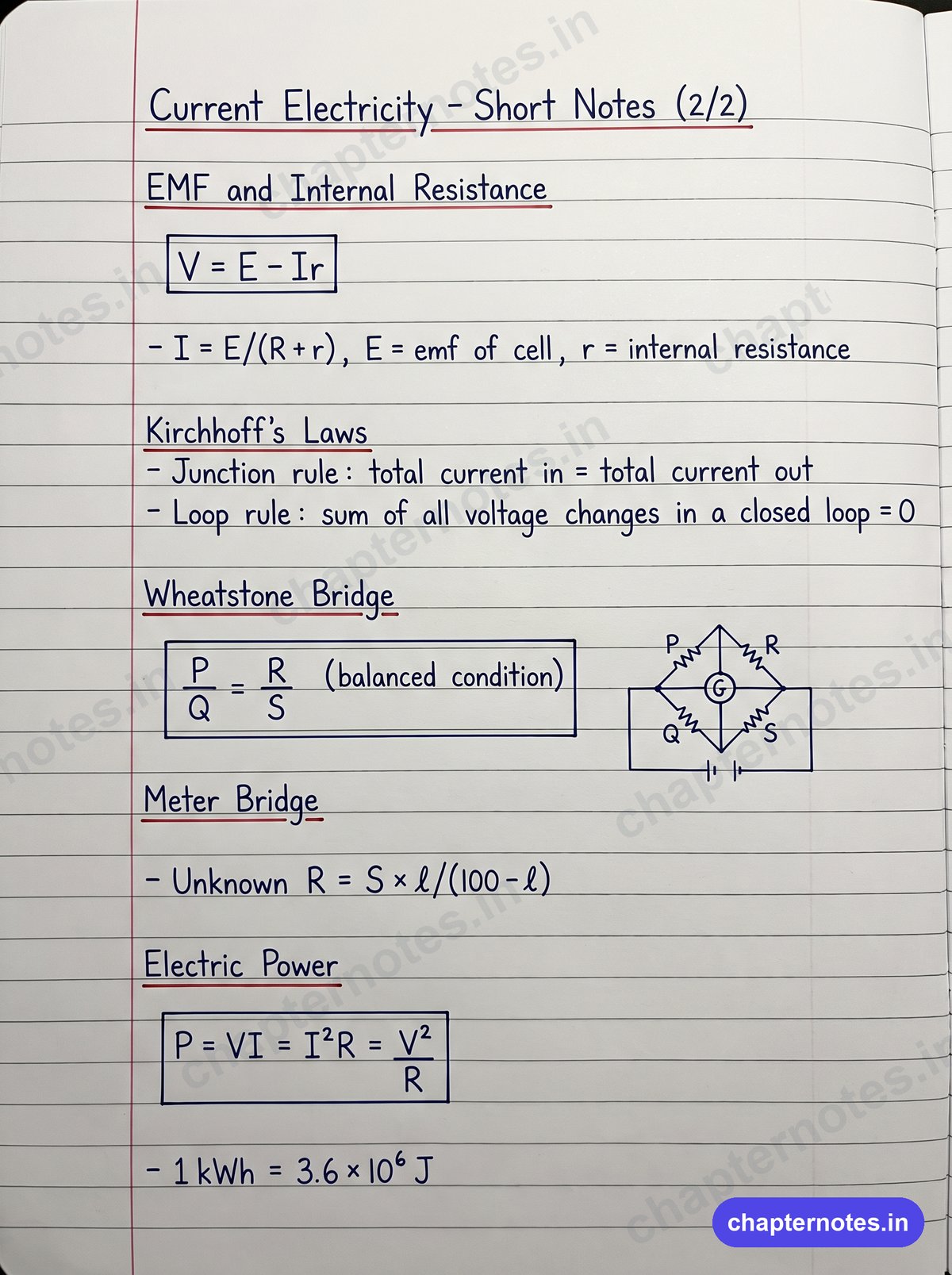 Current Electricity Class 12 handwritten short notes page 2 with EMF, Kirchhoff's laws, Wheatstone bridge, meter bridge and electric power formulas