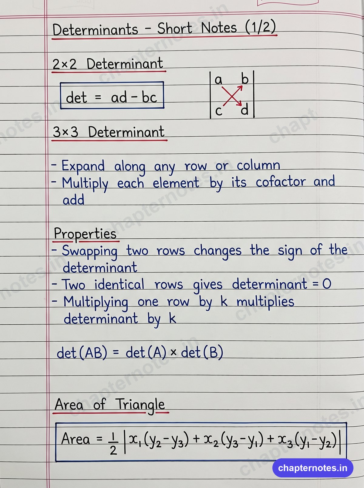 Determinants Class 12 Maths handwritten short notes page 1 with 2x2 and 3x3 determinant expansion, properties and area of triangle formula