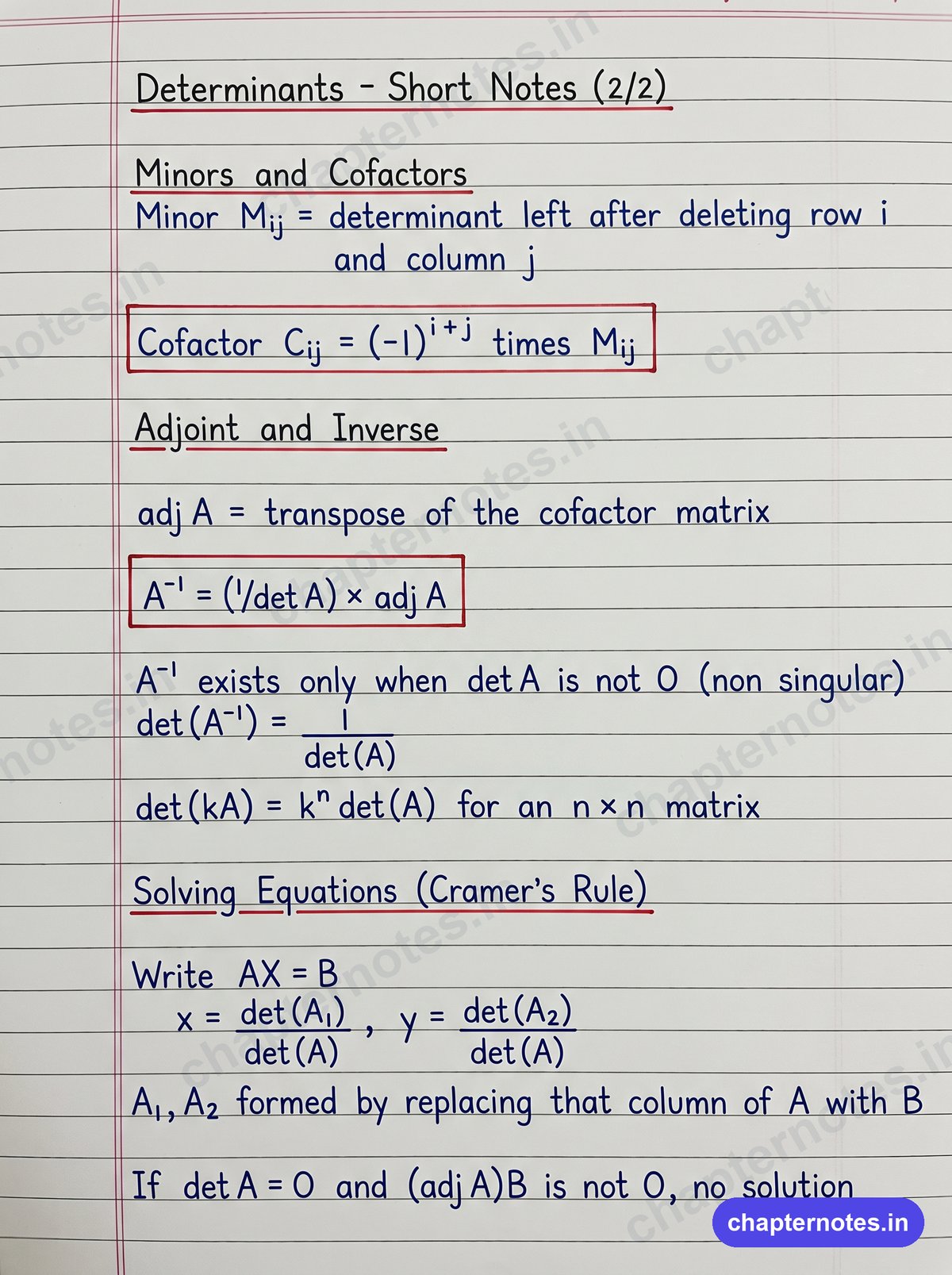 Determinants Class 12 Maths handwritten short notes page 2 with minors, cofactors, adjoint, inverse of a matrix and Cramer's rule