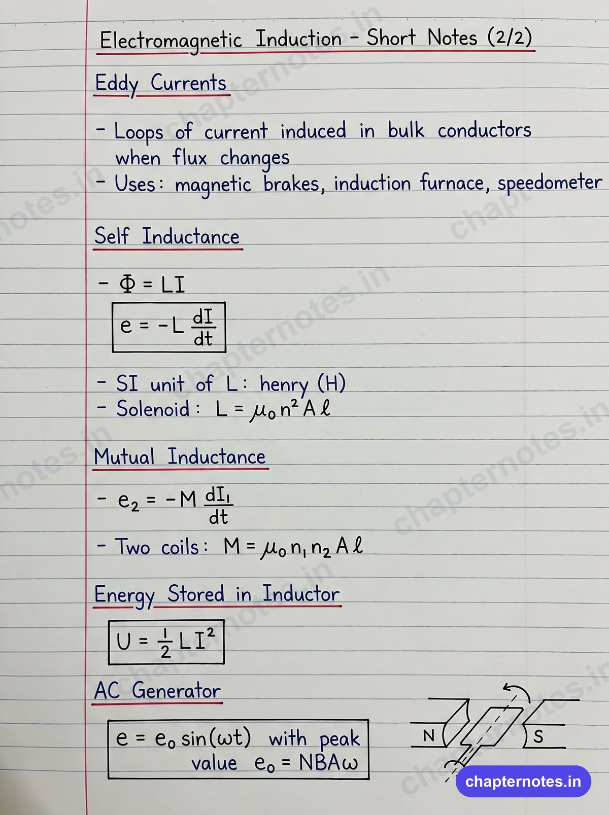 Electromagnetic Induction Class 12 handwritten short notes page 2 with eddy currents, self and mutual inductance and AC generator formulas