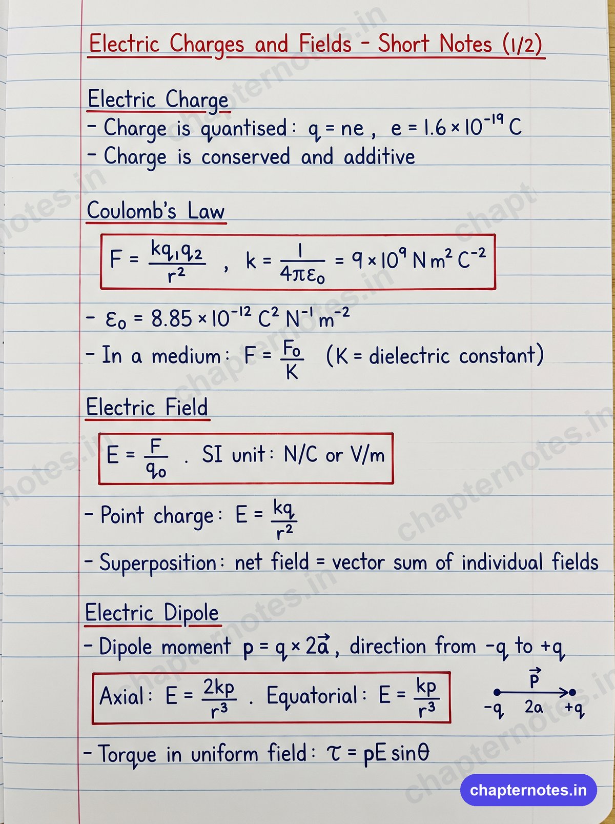 Electric Charges and Fields Class 12 handwritten short notes page 1 with Coulomb's law, electric field, superposition and electric dipole formulas