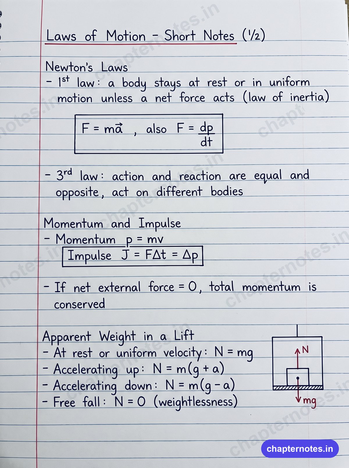 Laws of Motion Class 11 handwritten short notes page 1 with Newton's laws, momentum, impulse and apparent weight in a lift formulas