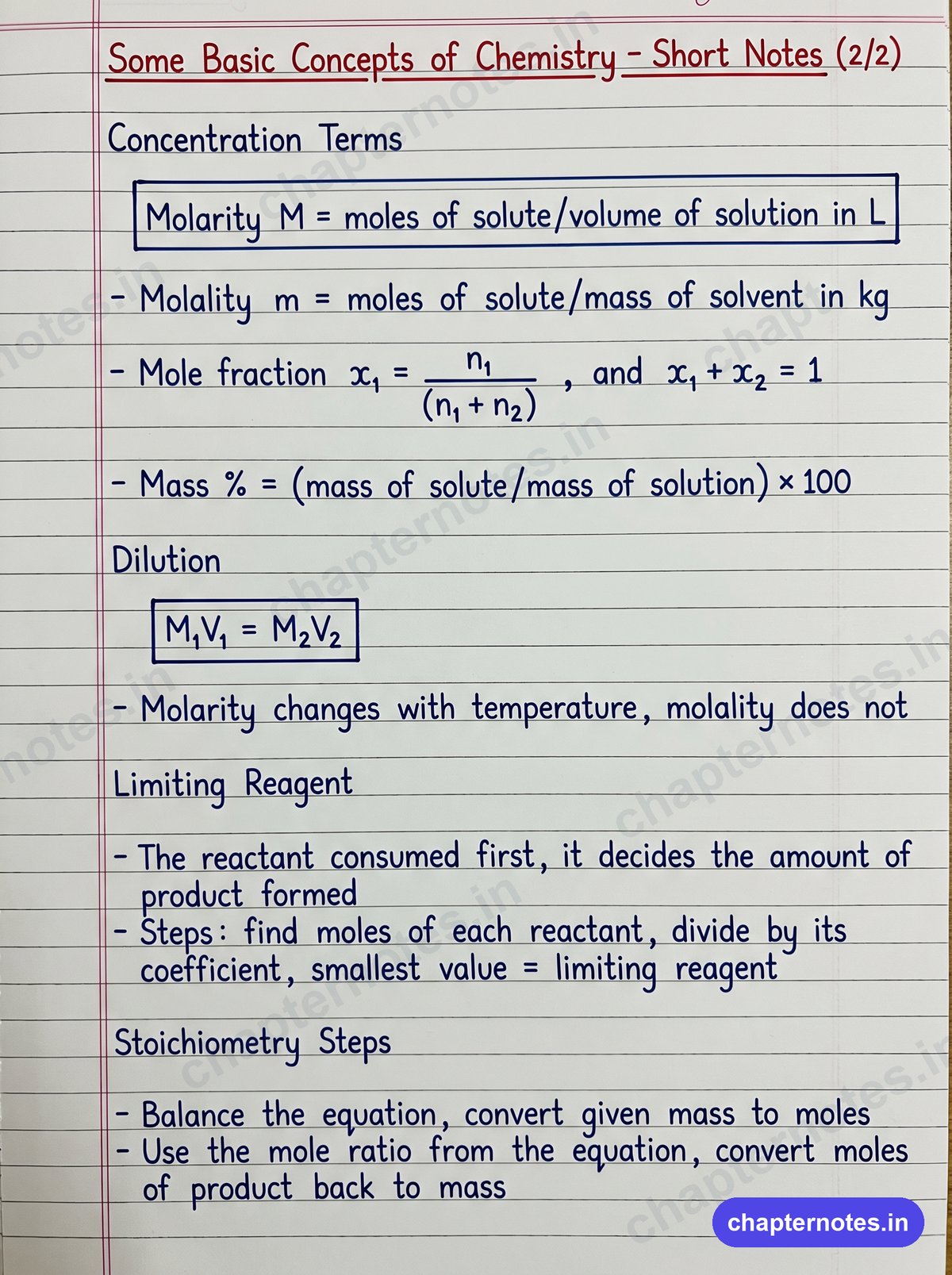 Some Basic Concepts of Chemistry Class 11 handwritten short notes page 2 with molarity, molality, mole fraction, dilution and limiting reagent